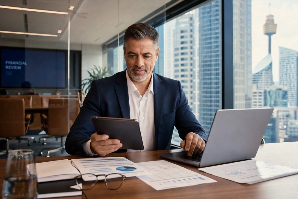 A finance executive reviewing reports on a tablet and laptop