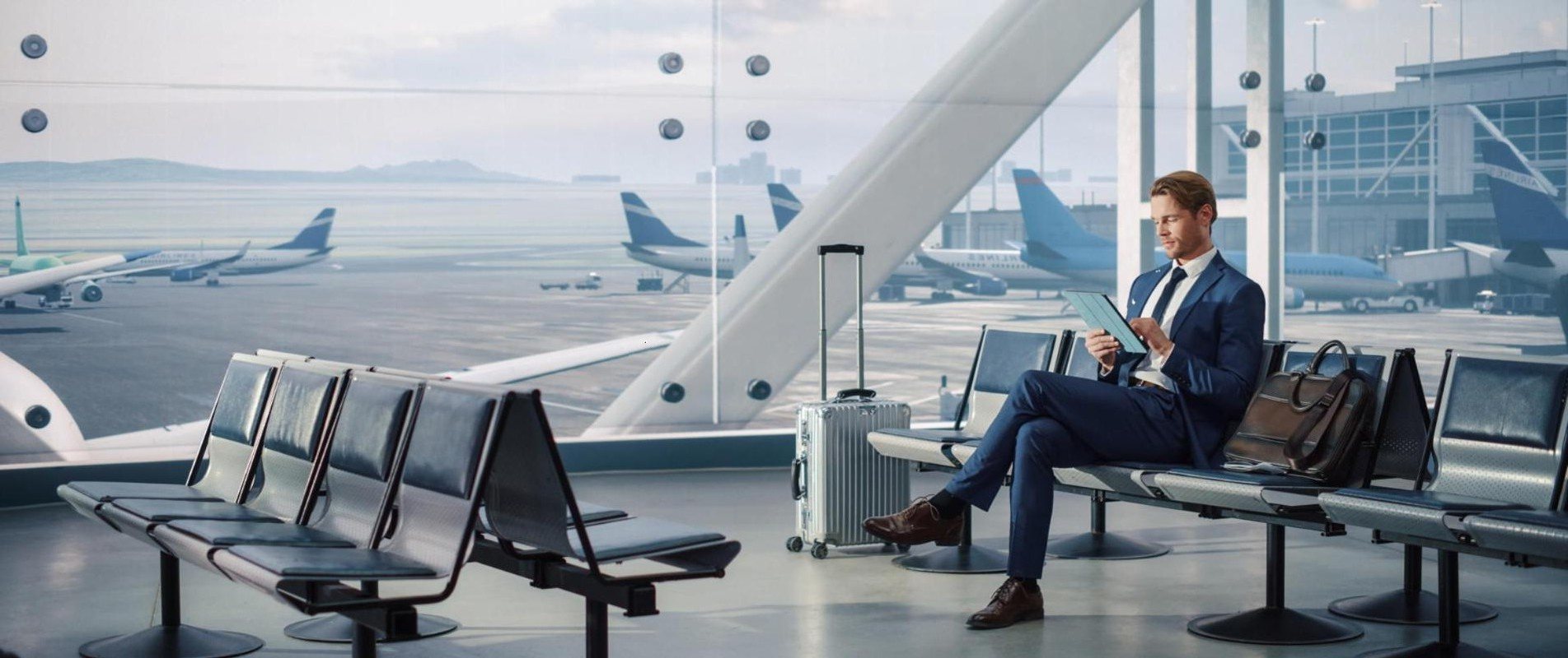 A business traveller in an airport lounge overlooking the apron